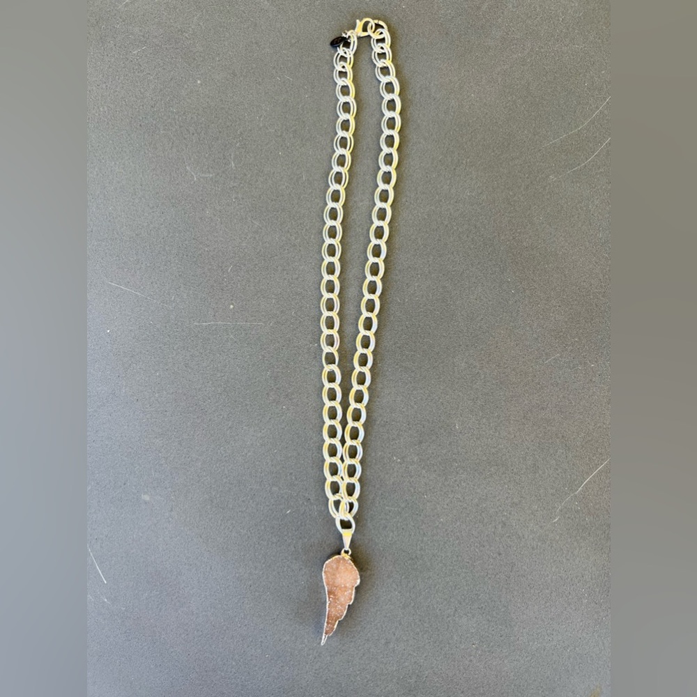 Drusy angel wing charm necklace on a silver plated chain